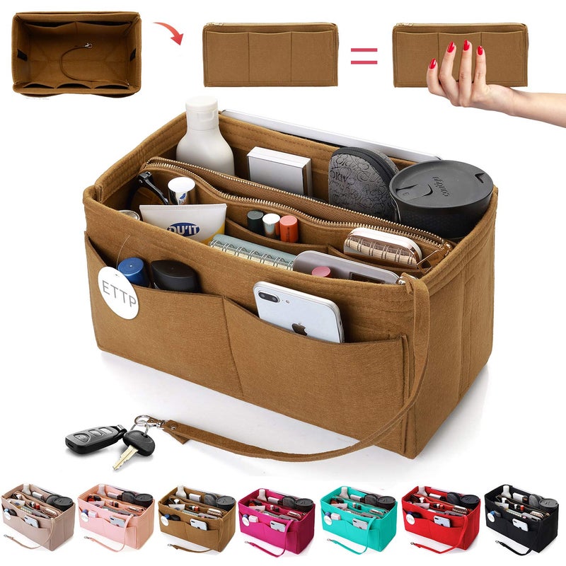 ETTP Purse Organizer Insert, Felt Tote Organizer Insert With Metal Zipper, Handbag Organizer For Speedy, Neverfull, Tote, Handbag, 7 Colors 5 Sizes (Large, Coffee) - Image 1